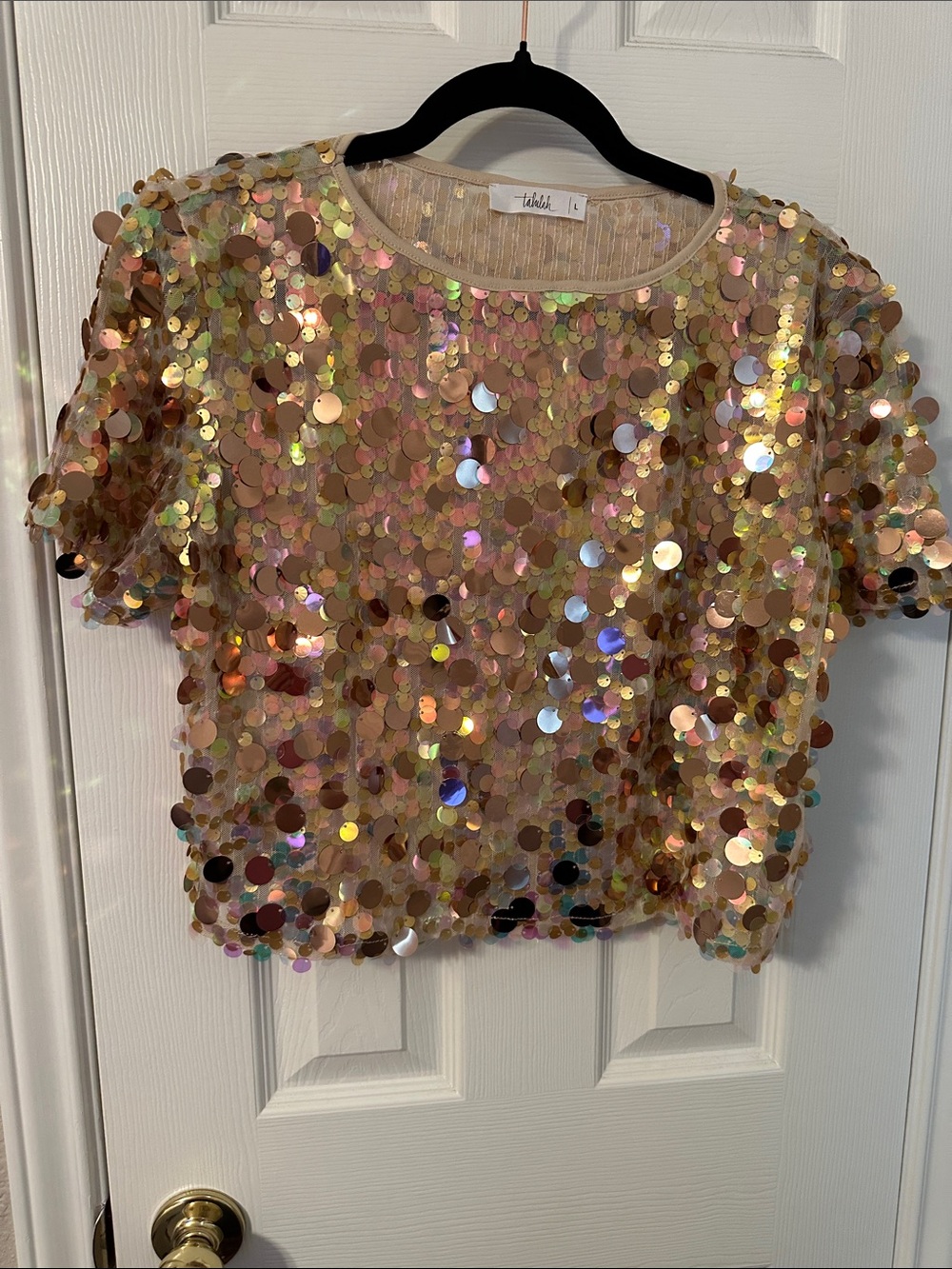 TALULAH Iridescent Rose Gold Sequin Crop Top